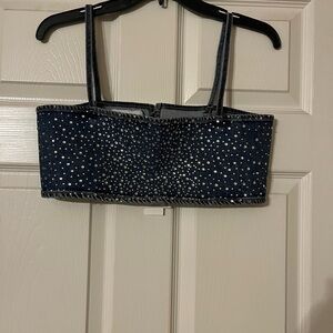 NWT ZARA Rhinestone Encrusted Denim Spaghetti Strap Crop Top Size Medium/Large